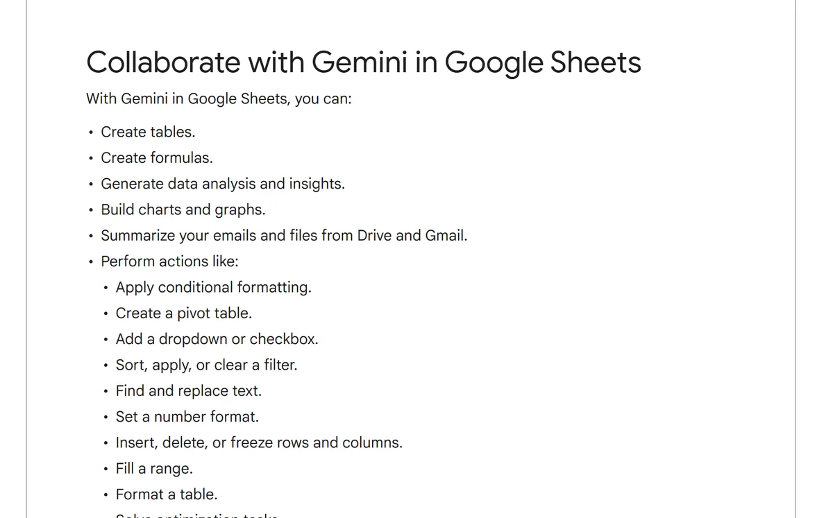 Tangkapan layar halaman bantuan Google berjudul Collaborate with Gemini in Google Sheets yang memuat daftar kemampuan: membuat tabel, membuat rumus, menghasilkan analisis dan insight, membangun grafik, meringkas email dan berkas, serta tindakan seperti conditional formatting, pivot table, dan menyaring data