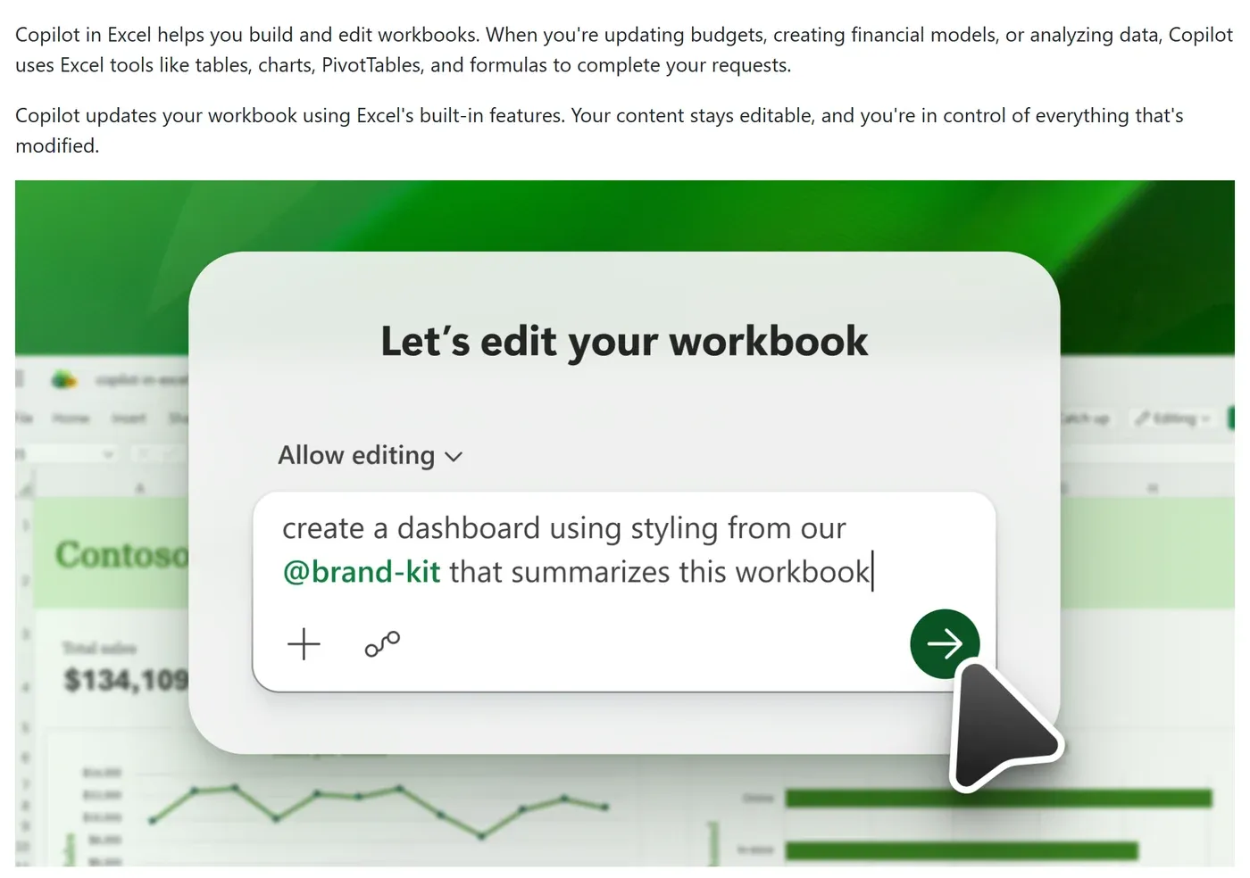 Tangkapan layar halaman Microsoft Support Get started with Copilot in Excel: dua paragraf yang menjelaskan Copilot memakai tabel, grafik, PivotTable, dan rumus Excel, lalu gambar panel Copilot berjudul Let's edit your workbook dengan pilihan Allow editing dan contoh perintah membuat dashboard yang merangkum workbook