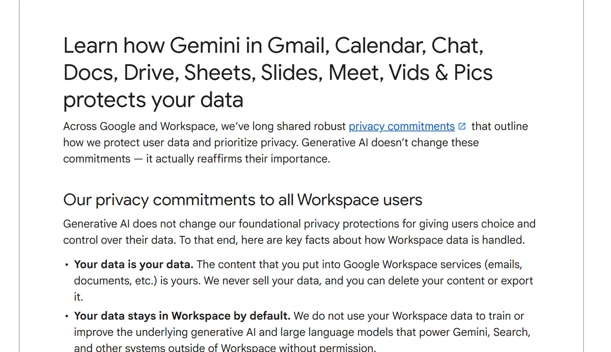 Tangkapan layar halaman bantuan Google tentang bagaimana Gemini di Gmail, Calendar, Chat, Docs, Drive, Sheets, Slides, Meet, Vids dan Pics melindungi data, memuat pernyataan bahwa konten pengguna adalah milik pengguna dan data Workspace tidak dipakai melatih model tanpa izin