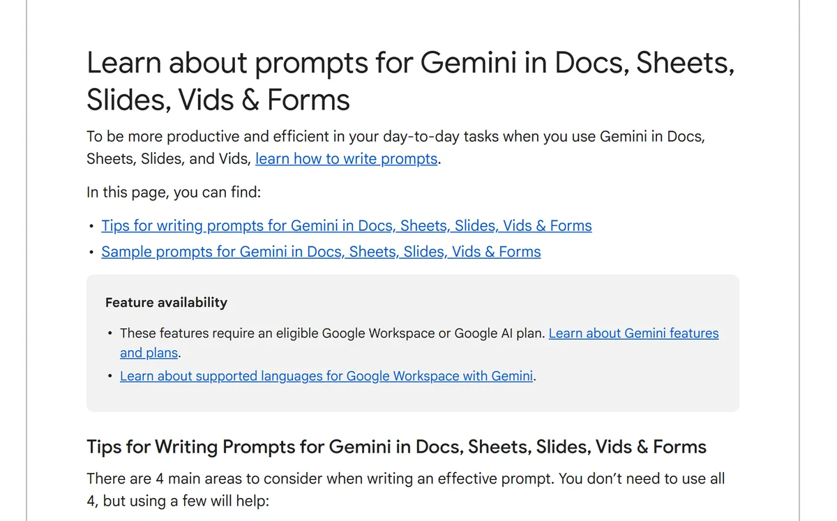 Tangkapan layar halaman bantuan Google berjudul Learn about prompts for Gemini in Docs, Sheets, Slides, Vids and Forms, memuat tautan ke tips menulis prompt dan contoh prompt, kotak feature availability, serta judul bagian Tips for Writing Prompts yang menyebut ada 4 area utama