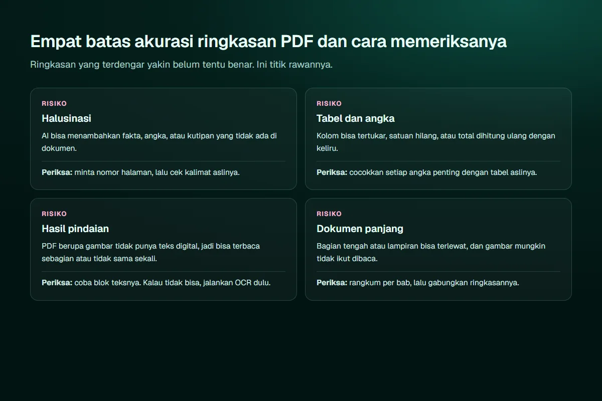 Diagram empat batas akurasi ringkasan PDF beserta cara memeriksanya: halusinasi diperiksa dengan meminta nomor halaman, tabel dan angka dicocokkan dengan tabel asli, hasil pindaian dicek dengan memblok teks dan OCR, dokumen panjang dirangkum per bab