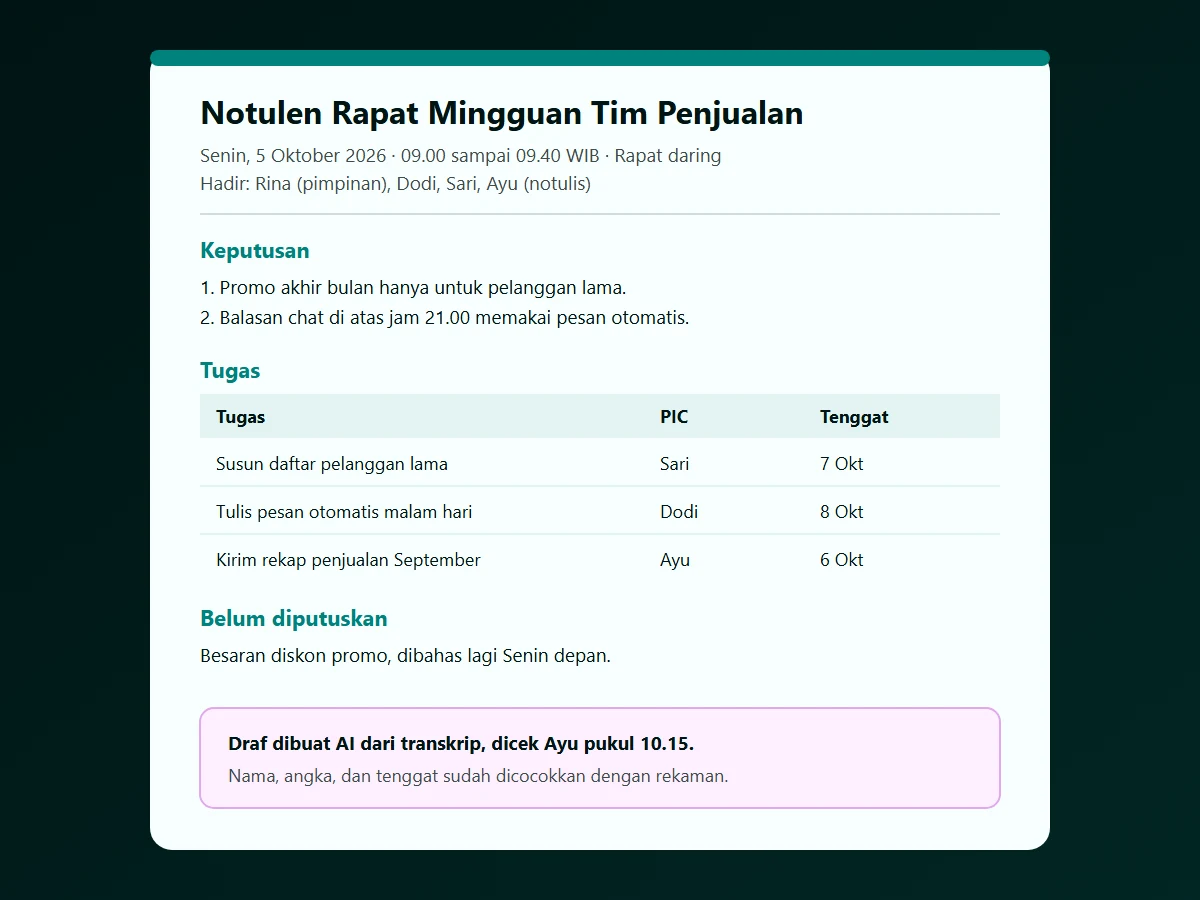 Contoh dokumen notulen rapat mingguan tim penjualan berisi identitas rapat, dua keputusan, tabel tiga tugas dengan PIC dan tenggat, satu hal yang belum diputuskan, dan kotak keterangan bahwa draf AI sudah dicek notulis
