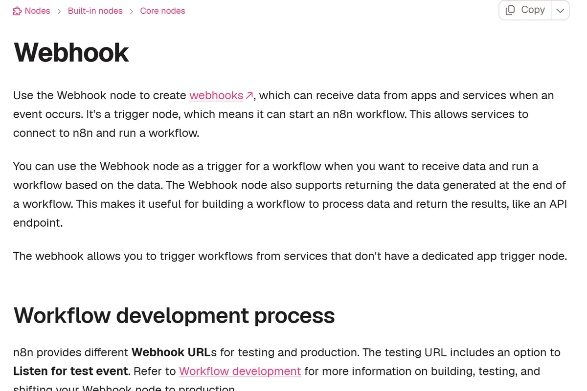 Tangkapan layar halaman dokumentasi n8n untuk node Webhook, berisi penjelasan bahwa node ini menerima data dari aplikasi dan layanan lain saat sebuah kejadian terjadi dan merupakan node pemicu yang bisa memulai alur kerja