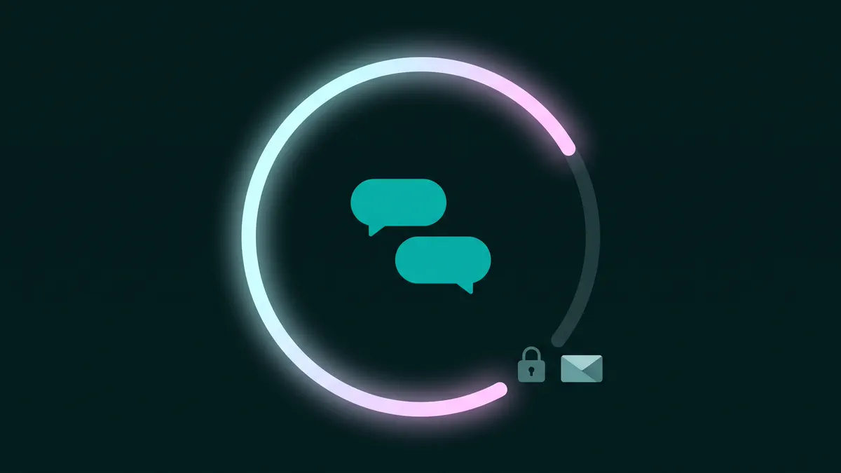 Ilustrasi cincin bercahaya seperti jam tanpa angka yang mengelilingi dua gelembung chat, dengan satu bagian cincin redup serta ikon gembok dan amplop di luar cincin