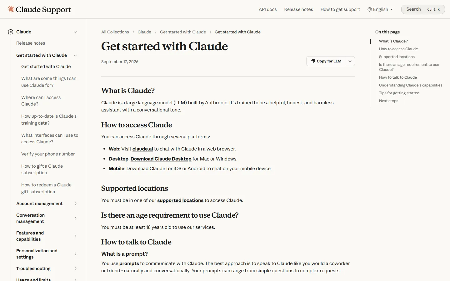 Tangkapan layar halaman pusat bantuan Claude berjudul Get started with Claude, berisi bagian What is Claude yang menyebut Claude sebagai large language model buatan Anthropic, cara mengakses lewat web, desktop, dan ponsel, wilayah yang didukung, dan syarat usia minimal 18 tahun