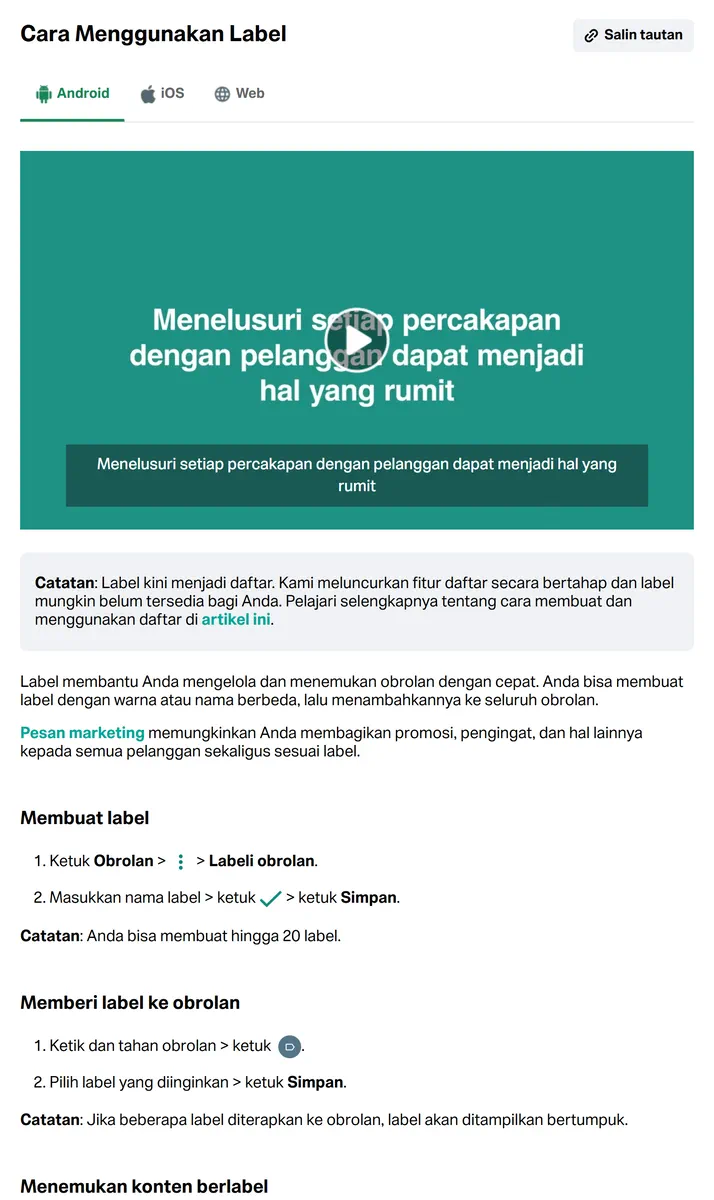 Tangkapan layar Pusat Bantuan WhatsApp berbahasa Indonesia, artikel Cara Menggunakan Label untuk Android: catatan bahwa label kini menjadi daftar, langkah membuat label dengan batas hingga 20 label, dan langkah memberi label ke obrolan