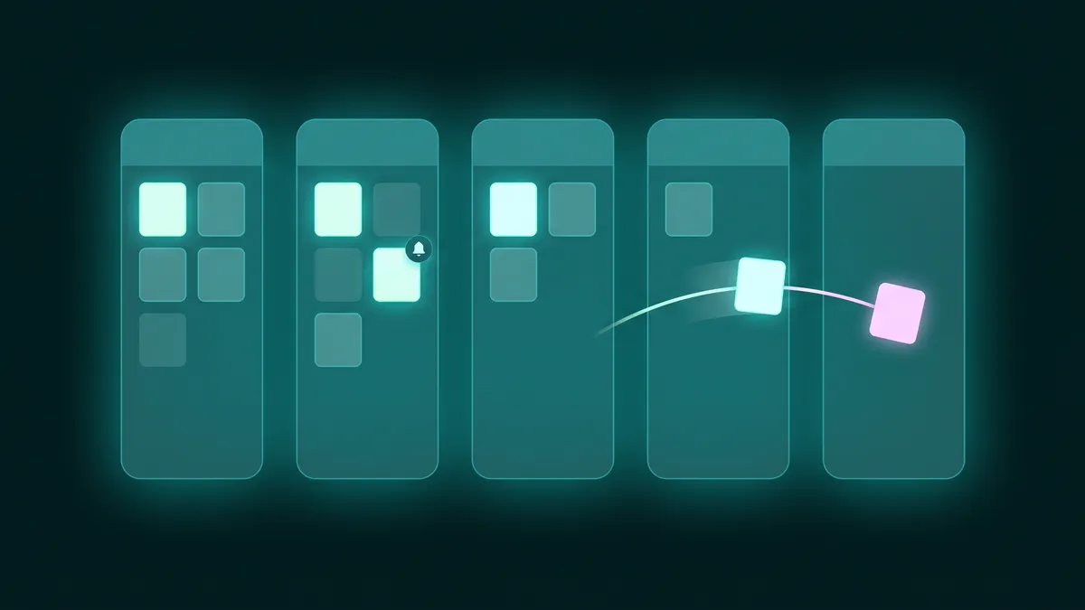 Diagram lima kolom teal berisi kartu yang makin sedikit ke kanan, dengan ikon lonceng di kolom kedua dan satu kartu yang meluncur menuju kolom kelima