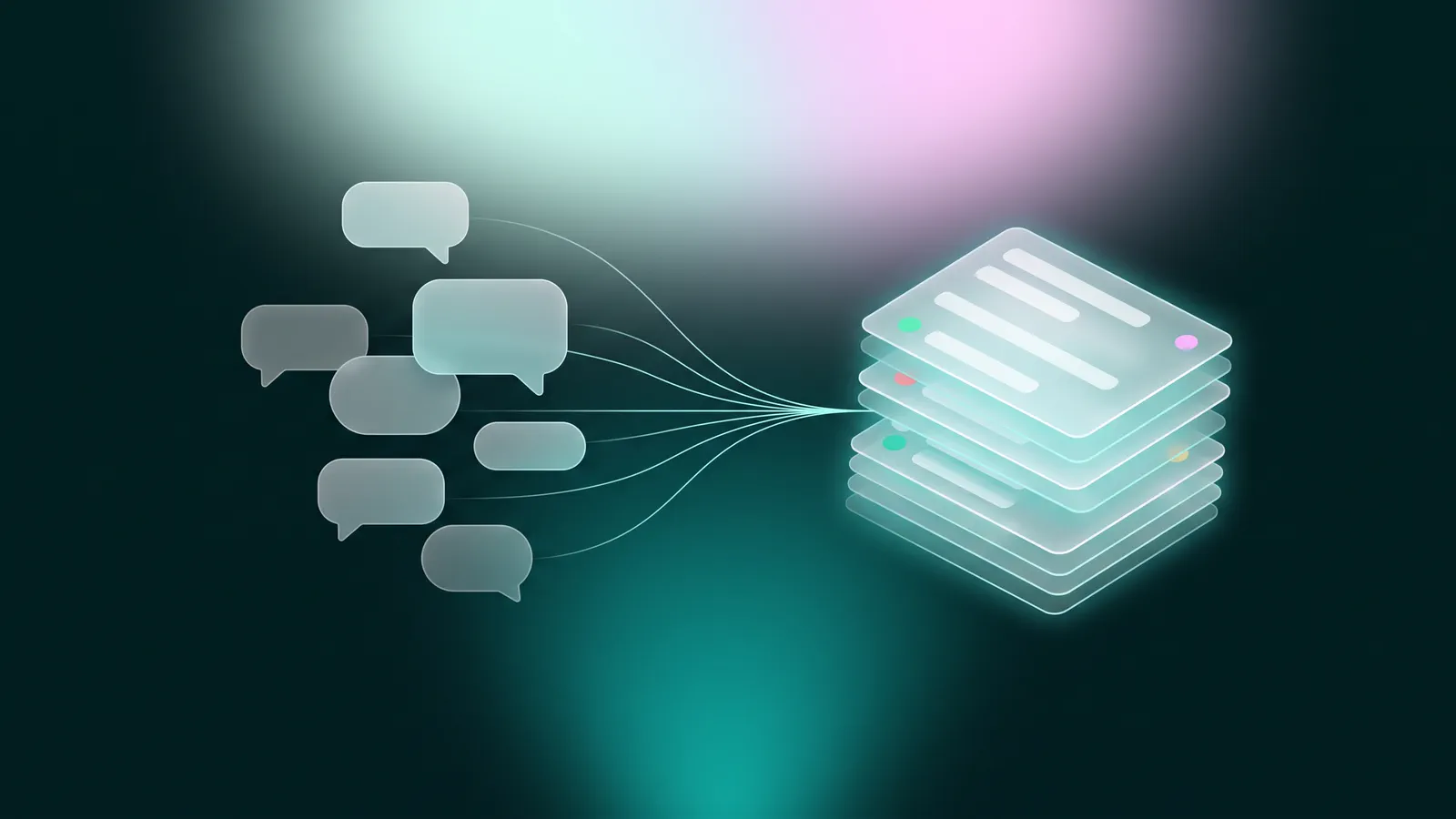 Ilustrasi gelembung chat di kiri yang tersambung garis tipis bercahaya ke tumpukan kartu kaca berisi baris kosong dan titik status berwarna, di latar teal gelap