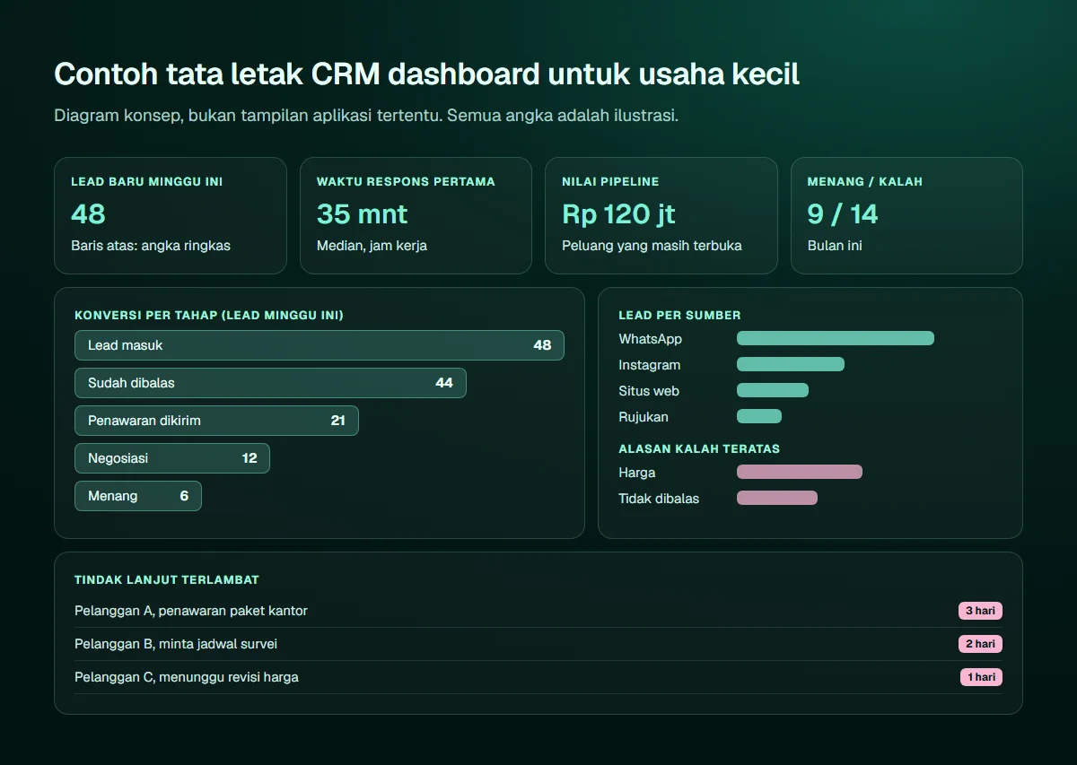 Diagram konsep tata letak CRM dashboard dengan angka ilustrasi: baris atas berisi empat angka ringkas yaitu lead baru, waktu respons pertama, nilai pipeline, serta menang dan kalah; bagian tengah berisi corong konversi per tahap, lead per sumber, dan alasan kalah teratas; bagian bawah berisi daftar tindak lanjut terlambat