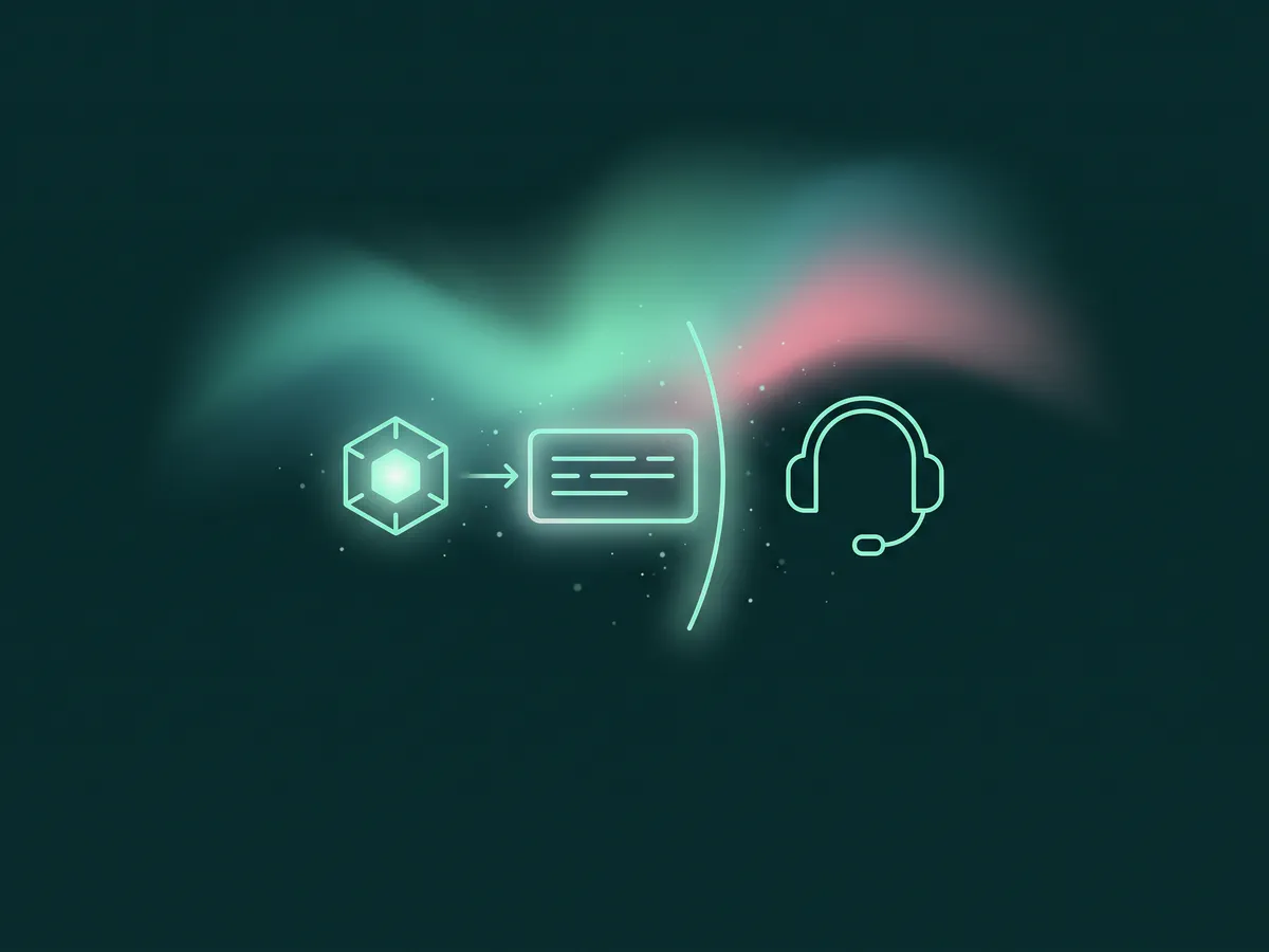 Ilustrasi inti AI heksagonal bercahaya yang mengirim kartu ringkasan bergaris ke arah garis batas melengkung, dengan ikon headset di seberang garis