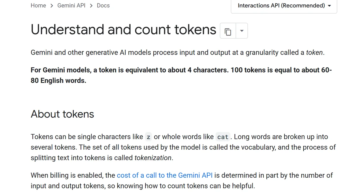 Tangkapan layar halaman dokumentasi Gemini API berjudul Understand and count tokens, memuat kalimat bahwa untuk model Gemini satu token setara sekitar empat karakter dan 100 token setara sekitar 60 sampai 80 kata bahasa Inggris, serta bagian About tokens yang menjelaskan tokenisasi