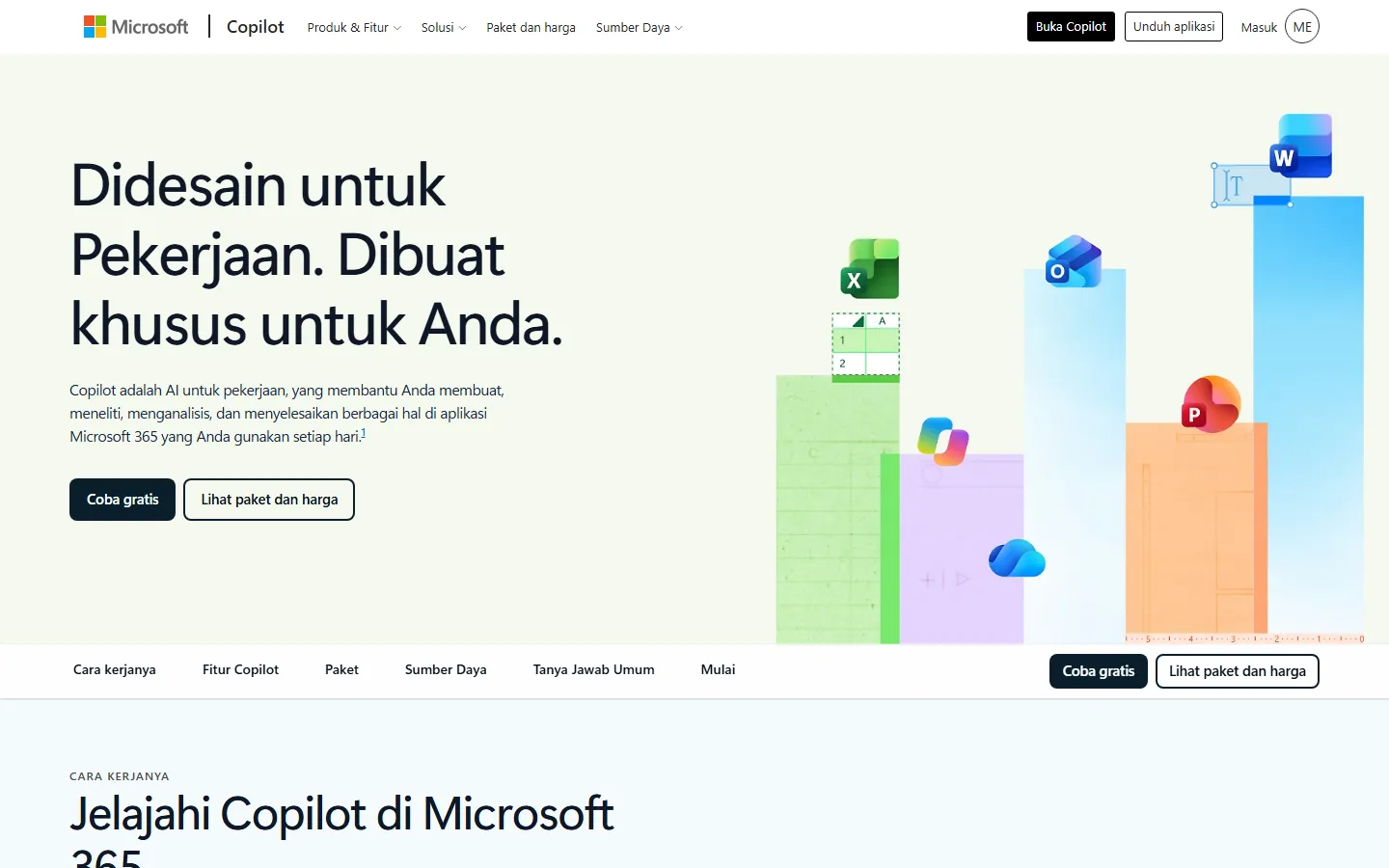 Tangkapan layar halaman resmi Microsoft Copilot berbahasa Indonesia dengan judul Didesain untuk Pekerjaan, Dibuat khusus untuk Anda, kalimat Copilot adalah AI untuk pekerjaan, tombol Coba gratis dan Lihat paket dan harga, serta ikon Word, Excel, PowerPoint, Outlook, dan OneDrive