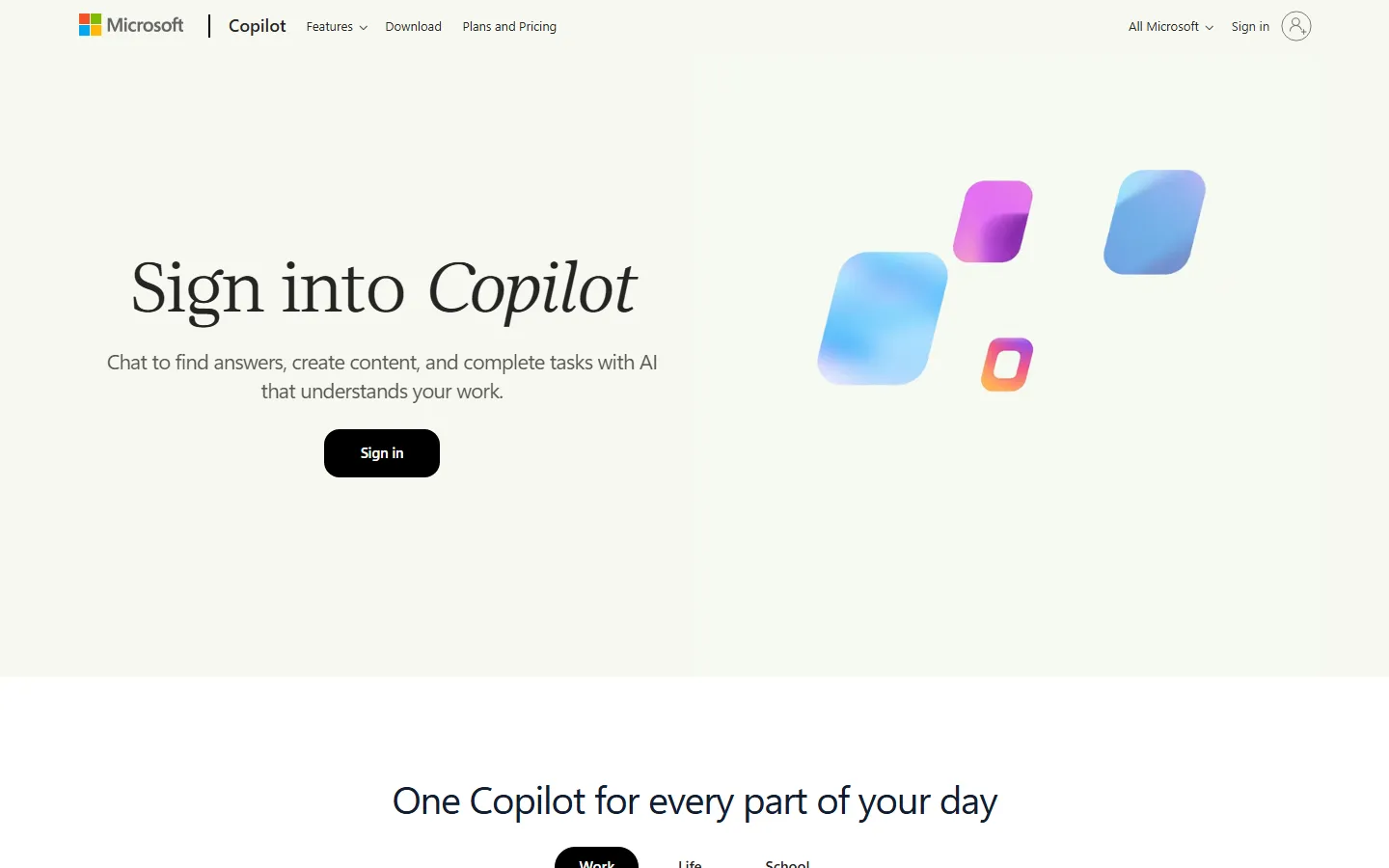 Tangkapan layar halaman masuk Copilot di copilot.microsoft.com dengan judul Sign into Copilot, kalimat Chat to find answers, create content, and complete tasks with AI that understands your work, dan tombol Sign in